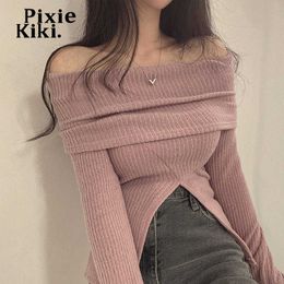 Women's T-Shirt PixieKiki Pink Knit Cute Sexy Tops for Women Off Shoulder Slit Long Sleeve T Shirts Coquette Clothes Aesthetic Sweater P65-CE15 T230104