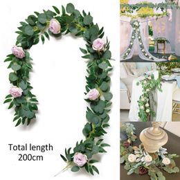 Decorative Flowers 2M Artificial Green Eucalyptus Garland Leaves Vine with Rose Wall Hanging Plants Ivy Wreath Decor for Home Wedding