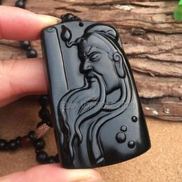 Pendant Necklaces Chinese Handmade Natural Black Obsidian Carved GuanGong Lucky Blessing Amulet Pendants Beads Necklace Fine Jewellery