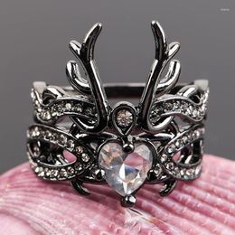 Cluster Rings 2 Pcs/Set Charm Animal Horn Black Deer Antler For Women Girl Heart Crystal CZ Ring Punk Style Party Couple Jewellery Gifts