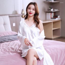 Women's Sleepwear Spring Women Robe Suit Lady Loose Casual Bathrobe Female Long Sleeve Homewear Silk Satin Solid Nightwear