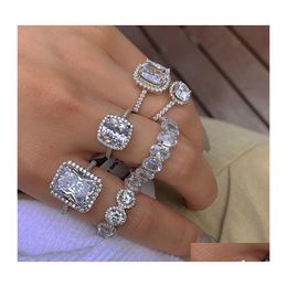 Wedding Rings Luxury Designer Ring Real 925 Sterling Sier Princess Diamond For Woman White 5A Cubic Zirconia Square Heart Love Anniv Dhps0