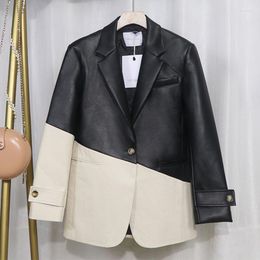 Women's Suits Patchwork PU Leather Women's Blazer Coat Lapel Collar Long Sleeve Loose Hit Colour For Female Casual Coats 2023