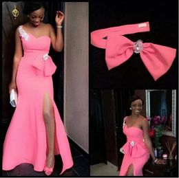 Hot Pink Mermaid African Bridesmaid Dresses With Bow One Shoulder Side Slit Plus Size Maid Of Honour Wedding Party Dress