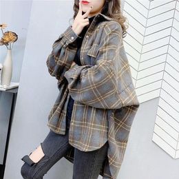 Women's Blouses 2023 Thick Coat Autumn And Winter Women's Style Woolen Sanded Long-sleeved T-shirt Top Loose Plaid Shirt