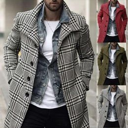 Men's Sweaters Fashion Men Coat Autumn Winter Plaid Double Breasted Lapel Mid-long Chic Wool Blends