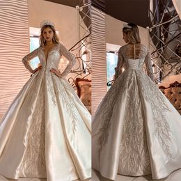 Glamorous Ball Gown Wedding Dresses V-Neck Long Sleeves with Shining Beaded Applicant Embroidery on Satin Floor Length Custom Made Plus Side Vestidos De Novia