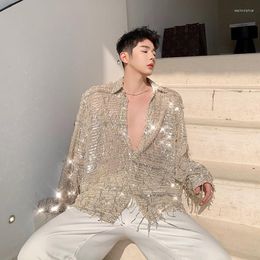 Men's Casual Shirts EBAIHUI Irregular Sequin Tassel Shirt Men Niche Streetwear Fashion Long Sleeve 2023 Spring Autumn Product Men's Tops