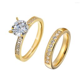 Wedding Rings Engagement For Women Girls 2pcs Gold Colour Alliance Female Ladies Cubic Zirconia Promise Couple Ring