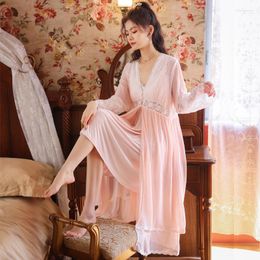 Women's Sleepwear Fairy Night Gown Mesh Robe Sets Women Vintage Sexy Lace Victorian Dress Bride Robes 2 Pieces Nightwear Princess