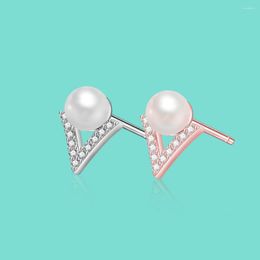 Stud Earrings Girl 925 Sterling Silver Noble V Letter Pearl Pendant Design Solid Rose Gold Not Allergic Bijoux