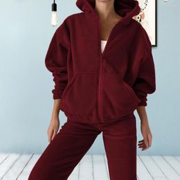 Running Sets Fashion Zip Hoodie Sweatshirt And Pants Fall Winter Women Long Sleeve Suede Tracksuit Outfits Elegant Solid Loose 2Pc Suits