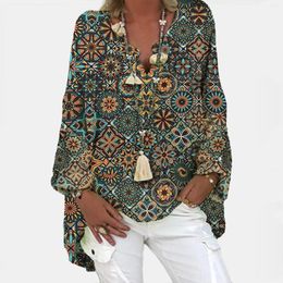 Ethnic Clothing 40# Cotton Linen Vintage Blouse Women Boho Printed Casual Loose Long Sleeve V-neck Shirt Streetwear Plus Size