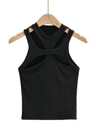Womens Tanks Camis Girls Asymmetrical Hollow Solid Color Knitted Round Neck Short sleeved Summer Sexy Vest on The Chest 230105