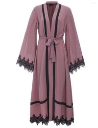 Ethnic Clothing Dubai Abaya Islamic Lace Stitching Loose Turkish Robe Women Dress Elegant Belted Cardigan Plus Size Muslim