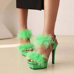 Dress Shoes The Spring Of 2023 European Wind Waterproof High Heels Sweet Peep-toe One Word Type Sandal Strap Feathers