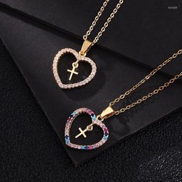 Pendant Necklaces European And American Fashion Jewellery Micro-set Colour Zircon Geometric Cross Heart-shaped Necklace