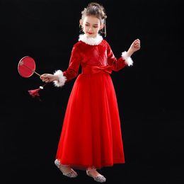 Ethnic Clothing Children's Dress Princess Long-sleeved Fur Collar Girl's Fluffy Yarn Chinese Red Evening Piano Performance Clot