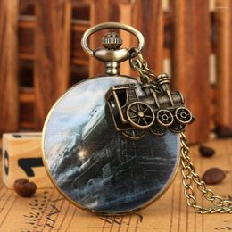 Pocket Watches Quartz Watch Vintage Steampunk Train Print Pattern With Pendant Necklace Collection Gift For Men Analogue Clock