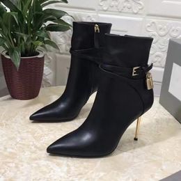 Gold lock Ankle Boots for womens shoes Buckle zipper stiletto Bootie Cowskin Cashmere Pointed Toes 10.5CM Metal heel Boot 35-42