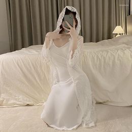 Women's Sleepwear Sexy Women Rayon Kimono Bathrobe White Hooded Bride Bridesmaid Wedding Robe Lace Trim Casual Home Clothes Nightwear