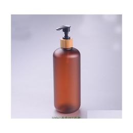 Storage Bottles Jars 500Ml 10/20Pcs Frosted Amber Plastic Cosmetic Emsion Lotion Pump Bottle Bamboo Head Shampoo Shower Gel Packin Dh0Ou