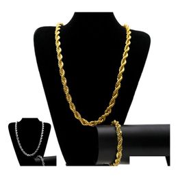 Bracelet Necklace 10Mm Hip Hop Twisted Rope Chains Jewelry Set Gold Sier Plated Thick Heavy Long Bangle For Men S Rock Drop Deliver Dhnls