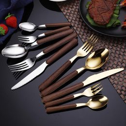 Dinnerware Sets Stainless Steel Tableware Imitation Wood Handle Gold Silver Colour Cutlery Set Kitchen Supplies Dinner Accessories