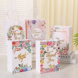 Gift Wrap 12pcs Flower Design Kraft Paper Bag With Handle Birthday Party Packaging Wedding Favours Festival Supplies Baby Shower