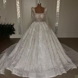 Luxury Ball Gown Wedding Dresses Square Neck Long Sleeves Sequin Appliqued Lace Bridal Wear Custom Made Country Vestido De Novia