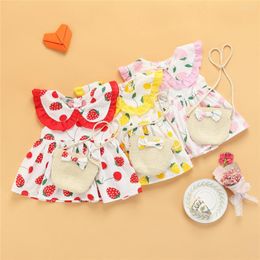 Girl Dresses 3-24 Months Baby Girls Summer Short Sleeve Dress Children Toddler Cute Cartoon Strawberry Print Ruffle A-Line With Bag
