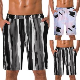 Men's Shorts Men Striped Printed Summer Casual Drawstring Mid Waist Quick Dry Beach With Pockets