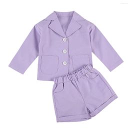 Clothing Sets 2023 1-6Y Fashion Kids Baby Girl Autumn Purple 2pcs Solid Color Long Sleeve Button Pocket Suit Coats Shorts Outfit