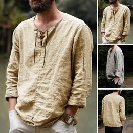 Men's Casual Shirts Men's Shirt Cotton And Linen Summer Fashion Solid Color Loose Top Long Sleeve V-neck Pullover