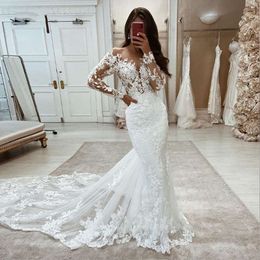 Basic Casual Dresses Elegant Long Sleeves Mermaid Lace Boho Wedding Sheer Tulle Applique White Ivory Custom Made Bridal Gowns With Covered Buttons 0106