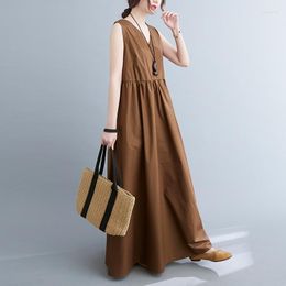 Casual Dresses Sleeveless Loose Elegent V-Neck Dress Solid Colour 2023 Summer Maxic Long Large Size Women