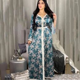 Ethnic Clothing Women Eid Mubarak Abaya Turkish Dubai Kaftan Robe Flower Print Maxi Dresses Sexy V-neck Moroccan Djellaba Boubou Muslim