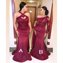 Fashion Burgundy Mermaid Bridesmaid Dresses Lace Appliques Long Wedding Party Dress African Prom Formal Gown vestidos