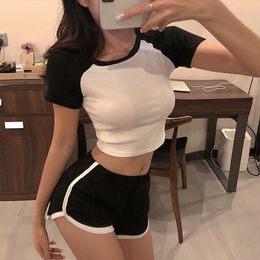 Women's T Shirt DICLOUD Splice Casual Tees Ladies Simple O Neck Short Sleeve Top Fashion Tight Sexy White Black T Shirt Female 230105