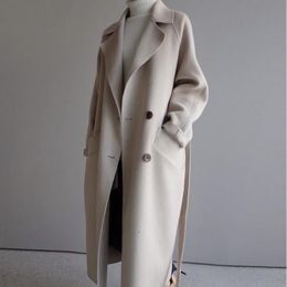 Women's Wool Blends Winter Beige Elegant Blend Women Korean Fashion Long Coats Vintage Minimalist en Overcoat Camel Oversize Outwear 516F 230106
