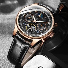 Wristwatches Skeleton Tourbillon Mechanical Watch Men Automatic Black Gold Leather Self Winding Male Wrist Watches Reloj Hombre Luxury TODO