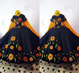 2023 Fashinable Mexcian Quinceanera Dresses Sunflower Embroidered Off Shoulder Bow Charro Sweet 15 Dress Party Formal Gowns Theme 217D