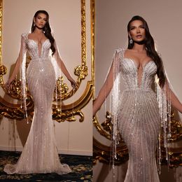 Luxurious Tassels Mermaid Wedding Dresses Sexy V Neck Beading Bridal Gown Custom Made Sequined Lace Dress Vestido De Novia