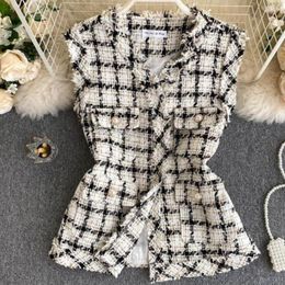 Women's Vests Spring Autumn Vintage Small Fragrance Tweed Short Vest Women V-neck Slim Plaid Waistcoat