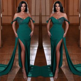 Sexy Mermaid Prom Dresses for Women Plus Size Off Shoulder Pearls Beaded Pleats High Side Split Floor Length Formal Wear Evening Gowns Pageant Celebrity Gowns