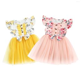 Girl Dresses Little Girls Sweet Style Dress Summer Floral Printing Mesh Splicing Round Collar Sleeve Bow Decoration Princess Gown