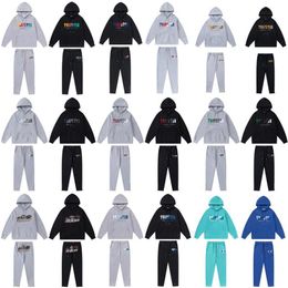 Siyah Hoodie Trapstar Eşofman kapşonlu gökkuşağı havlu nakışı çözme kapüşonlu spor erkek ve kadın spor takım elbise fermuarlı pantolon Boyut S-XL