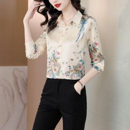 Women's Blouses High-end Beautiful All Season Apricot Mulberry Silk Hand-Painted Print Lapel Women Temperament Slim OL Workwear Top Shirt