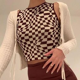 Running Jerseys Contrasting Color Sports Top Checkerboard Checker Knit Sleeveless Vest Female Cool Girl Round Neck Yoga Fitness Workout