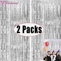 Disposable Dinnerware 2Packs Metallic Foil Tinsel Fringe Curtain Frozen Birthday Party Decoration Adult Kids Boy Girl Gender Reveal Wedding Supplies 230105